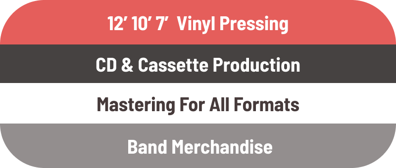 The image listing products and services: 12" 10" 7" Vinyl Pressing, CD & Cassette Production, Mastering For All Formats, Band Merchandise